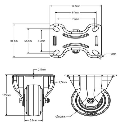 Rodízio fixo de borracha 80 mm - rolamento de rolos - 110 kg