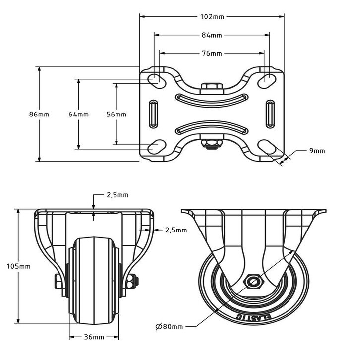 Rubber fixed caster 80 mm - roller bearing - 110 kg