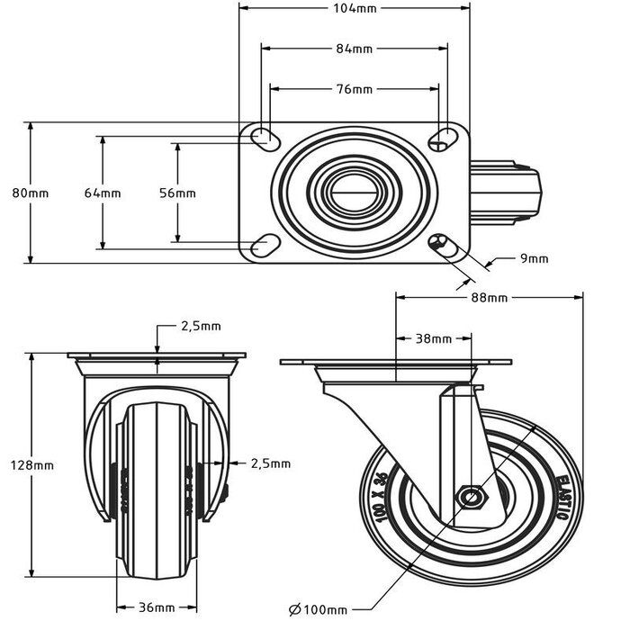 Rubber swivel castor 100 mm - roller bearing - 160 kg