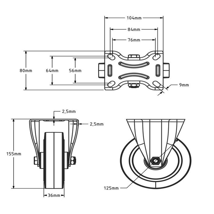 Rubber fixed wheel 125 mm - roller bearing - 220 kg