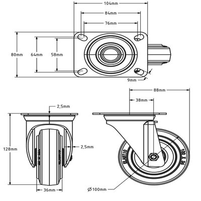 Rueda giratoria de goma para flight case de 100 mm - 160 kg