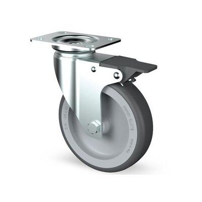 Rodízio giratório em aço inox com travão 100 mm - Borracha - 80 kg