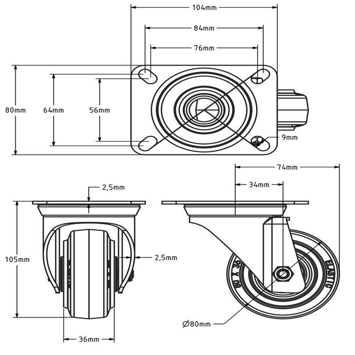 Rubber swivel castor 80 mm - roller bearing - 110 kg