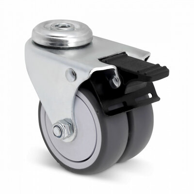 Rodízio duplo giratório com travão 75 mm - rolamento de esferas - furo para parafuso - 100 kg