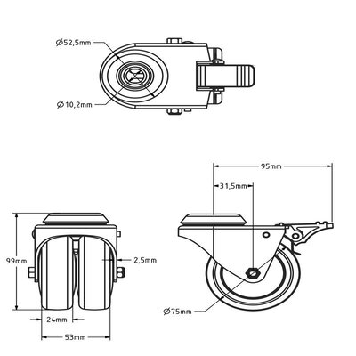 Rodízio duplo giratório com travão 75 mm - rolamento de esferas - furo para parafuso - 100 kg