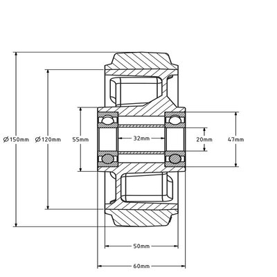 Roda de borracha 150 mm - rolamento de esferas 20 mm - 300 kg