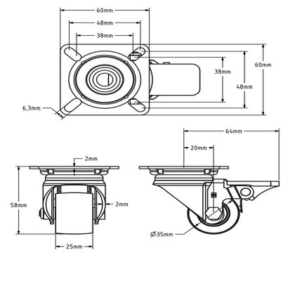 Mini rodízio 35 mm com travão - rolamento de esferas - 100 kg