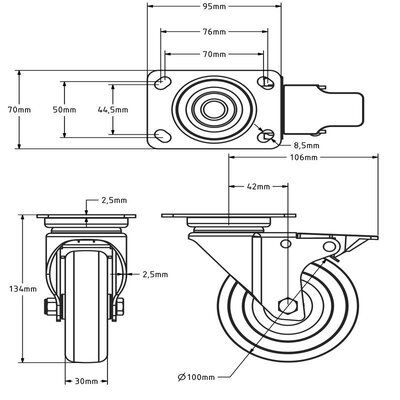 Rodízio giratório em aço inox com travão 100 mm - Borracha - 80 kg