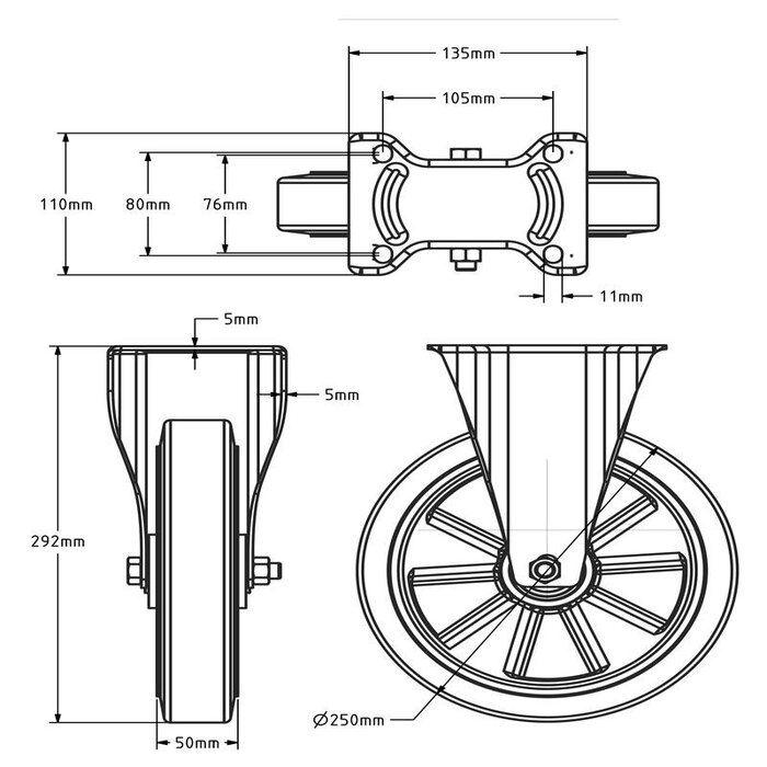 Fast gummihjul 250 mm - kullager - 500 kg