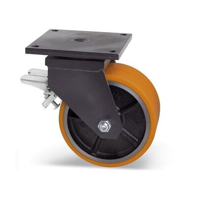 Rodízio duplo giratório PU com travão 200 mm - rolamento de esferas - 2200 kg