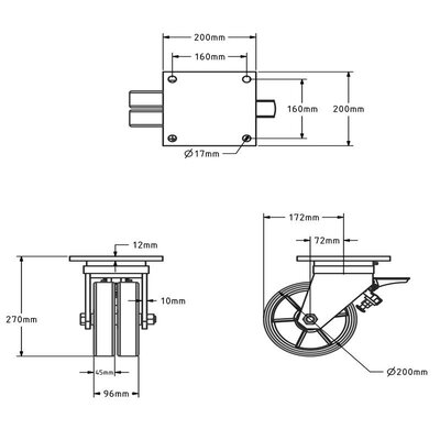 Rodízio duplo giratório PU com travão 200 mm - rolamento de esferas - 2200 kg