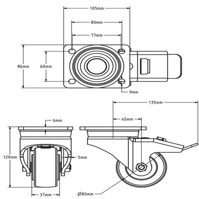 Rodízio giratório de nylon com travão 80 mm - rolamento de esferas - 600 kg