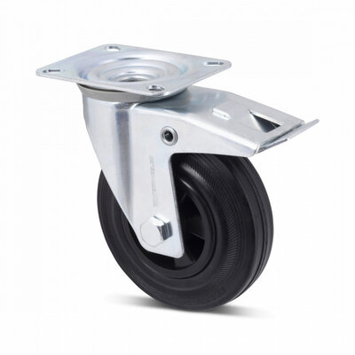 Roda de borracha com travão 100 mm - rolamento de rolos - 70 kg