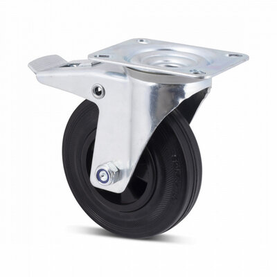 Roda de borracha com travão 100 mm - rolamento de rolos - 70 kg