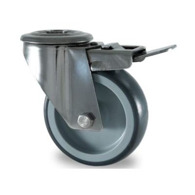 Rodízio giratório em aço inox com travão 80 mm - Borracha - 80 kg