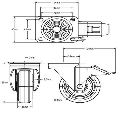 Svart svingbart hjul med brems 100 mm - rullelager - 150 kg
