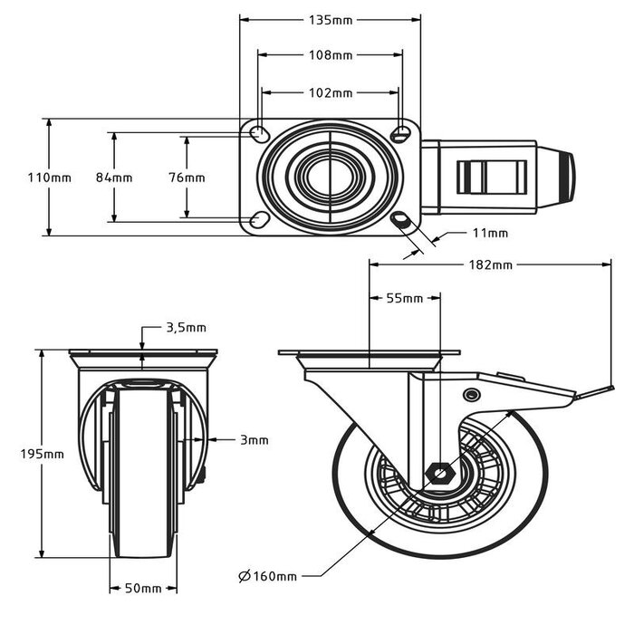 Roda giratória de borracha com travão 160 mm - rolamento de esferas - 350 kg
