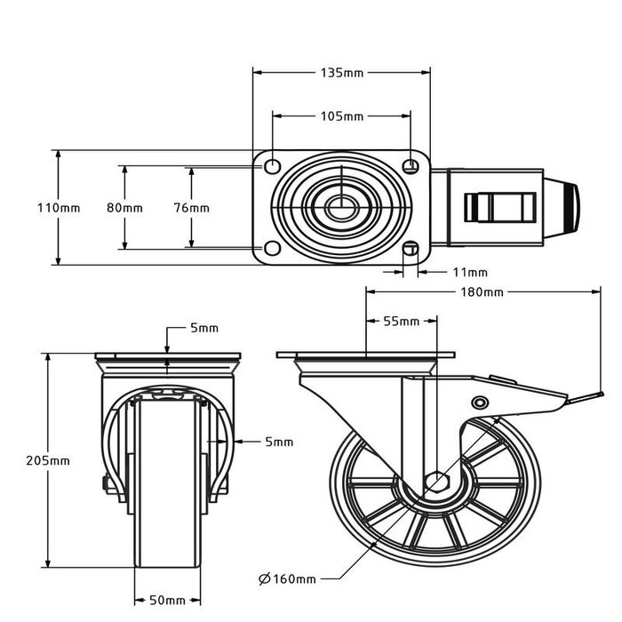 Roulette pivotante en PU avec frein 160 mm - roulement à billes - 800 kg