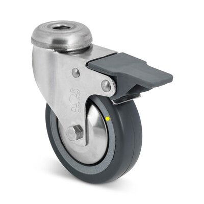 ESD Rodízio giratório em aço inoxidável com travão 80 mm - Poliuretano - 50 kg