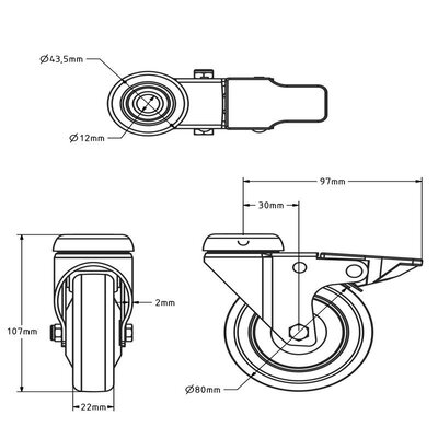 ESD Rodízio giratório em aço inoxidável com travão 80 mm - Poliuretano - 50 kg