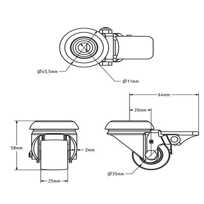 Mini rodízio giratório para serviço pesado com travão 35 mm - rolamento de esferas - 100 kg