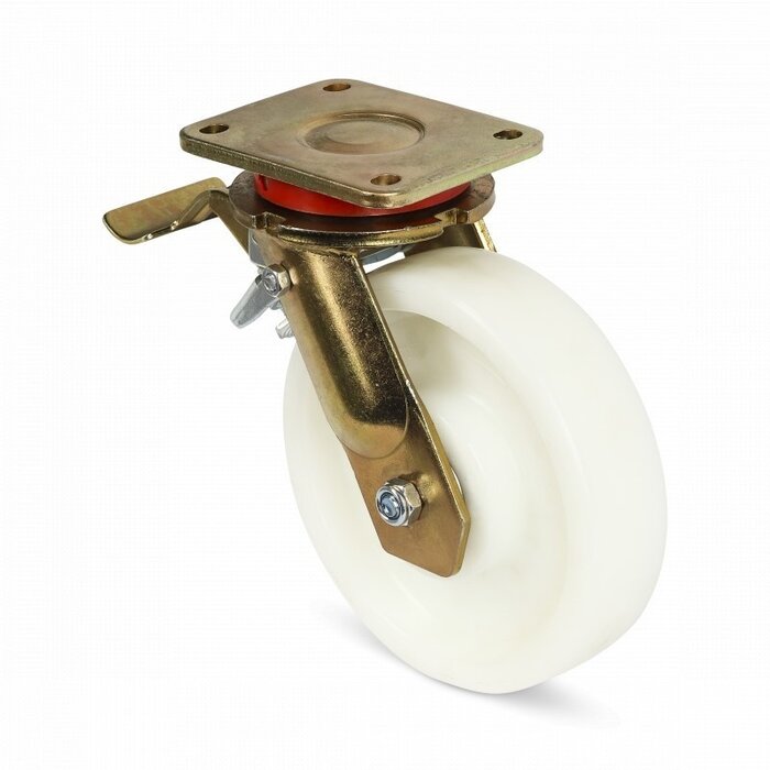 Rodízio giratório de nylon resistente com travão 200 mm - rolamento de esferas - 1300 kg