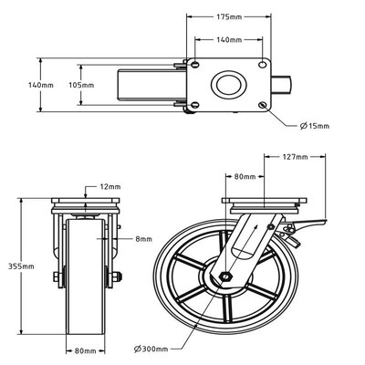 Rodízio giratório PU com travão 300 mm - rolamento de esferas - 2100 kg