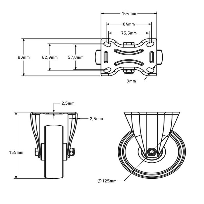 Rueda fija de nailon de 125 mm - cojinete de rodillos - 200 kg