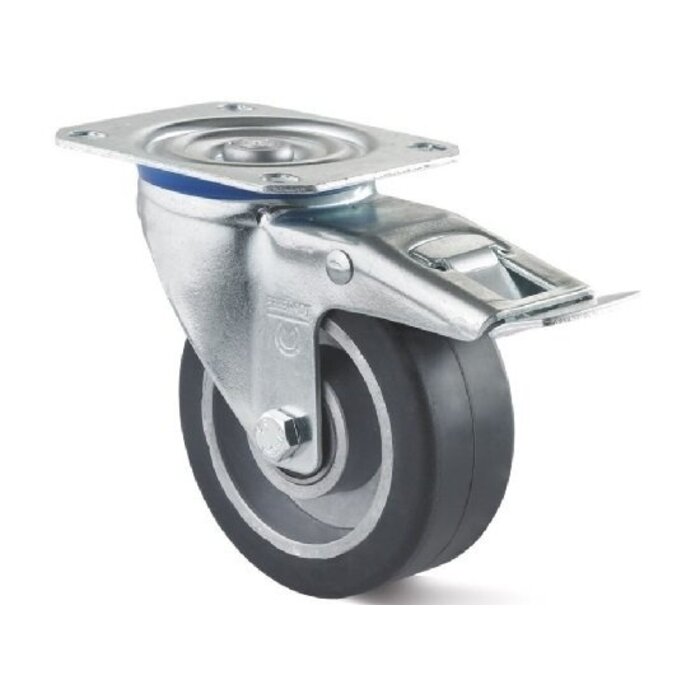 Roulette pivotante caoutchouc avec frein 80 mm - roulement à billes - 120 kg