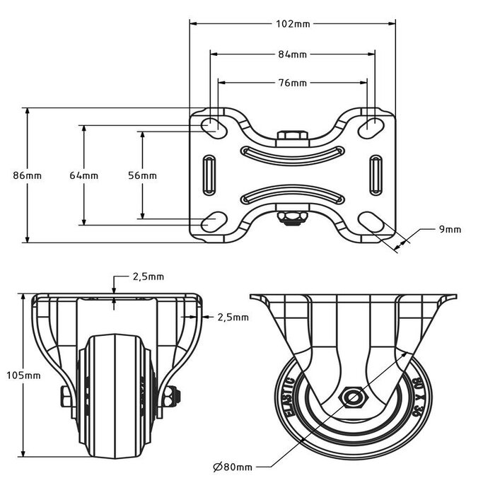 Roulette fixe en caoutchouc pour flight case 80 mm - 110 kg