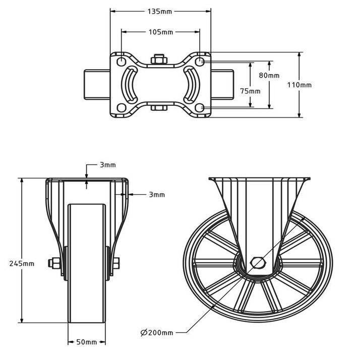 Ruota fissa in PU 200 mm - cuscinetto a sfere - 400 kg