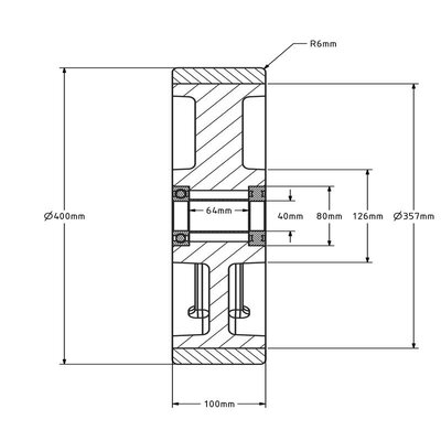 Колело от полиуретан 400 x 100 mm - отвор със сачмен лагер 40 mm - 4000 kg