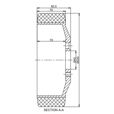 Drivhjul i polyuretan 230x70 mm - Boring 45 mm flenstilkobling - 1350 kg