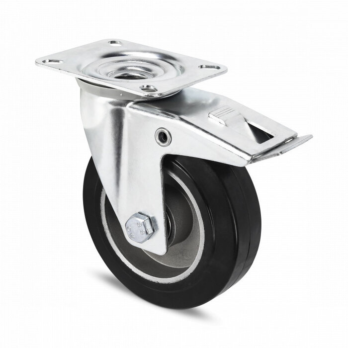 Gummihjul med bremse 100 mm - kugleleje - 150 kg