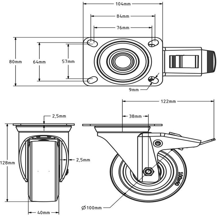 Rueda giratoria de goma con freno de 100 mm - cojinete de bolas - 150 kg