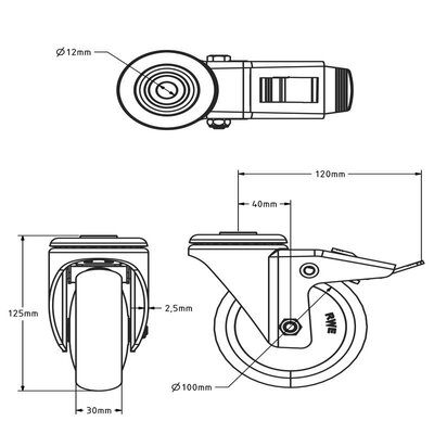 Roda giratória antiestática ESD com travão 100 mm - 90 kg