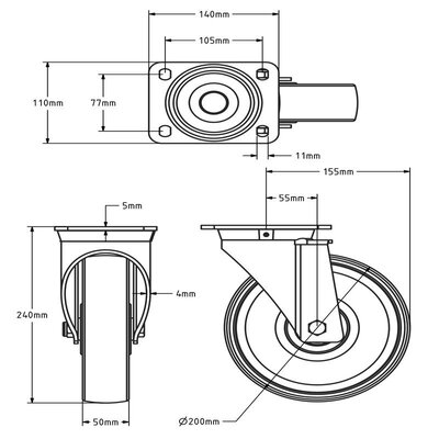 Tungt svingbart hjul i rustfritt stål 200 mm - Nylon - 900 kg