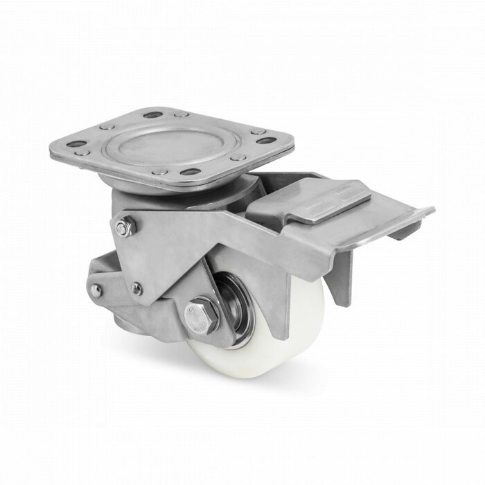 Rueda giratoria de acero inoxidable con pie nivelador de 80 mm - Nylon - 350 kg