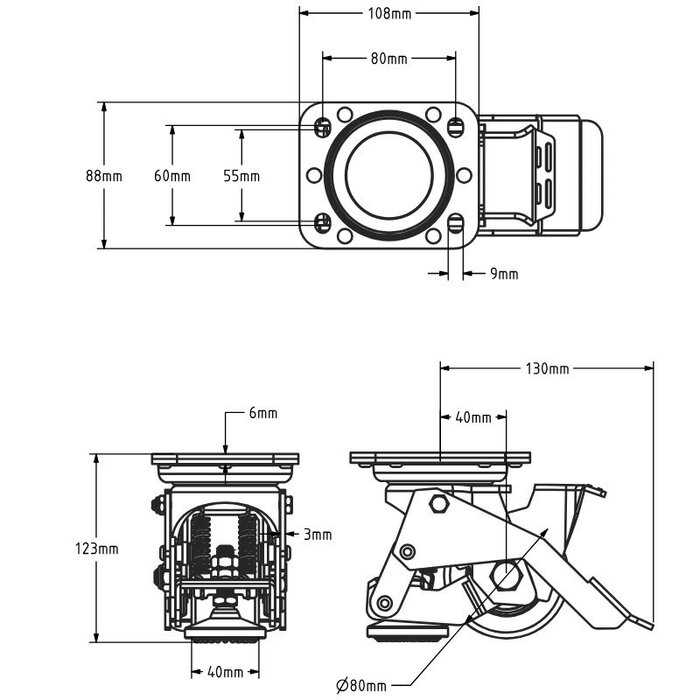 Rodízio giratório de elevação em aço inoxidável com base ajustável 80 mm - Nylon - 350 kg