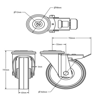 Svingbart hjul i rustfritt stål med brems 160 mm - Nylon - 350 kg