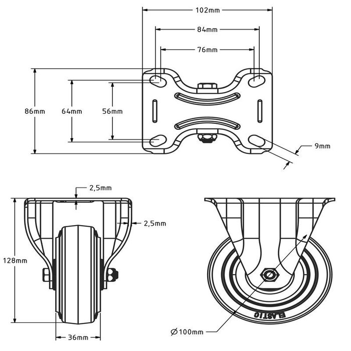 Rubber fixed caster 100 mm - roller bearing - 160 kg