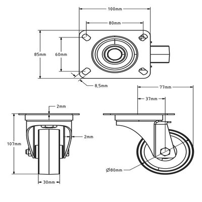 Svingbart hjul i rustfritt stål 80 mm - Nylon - 120 kg
