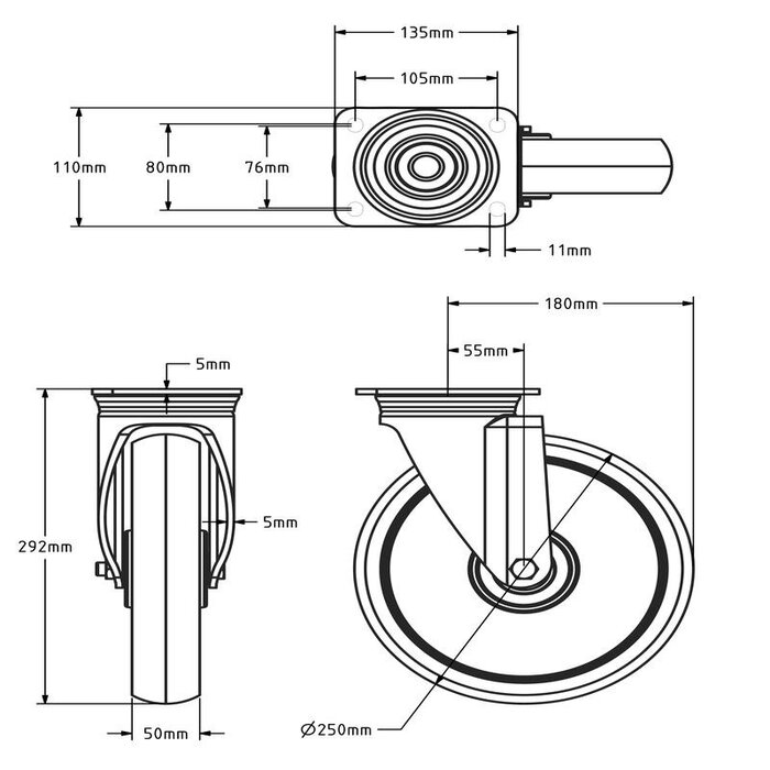 Tungt drejeligt nylonhjul 250 mm - 1200 kg