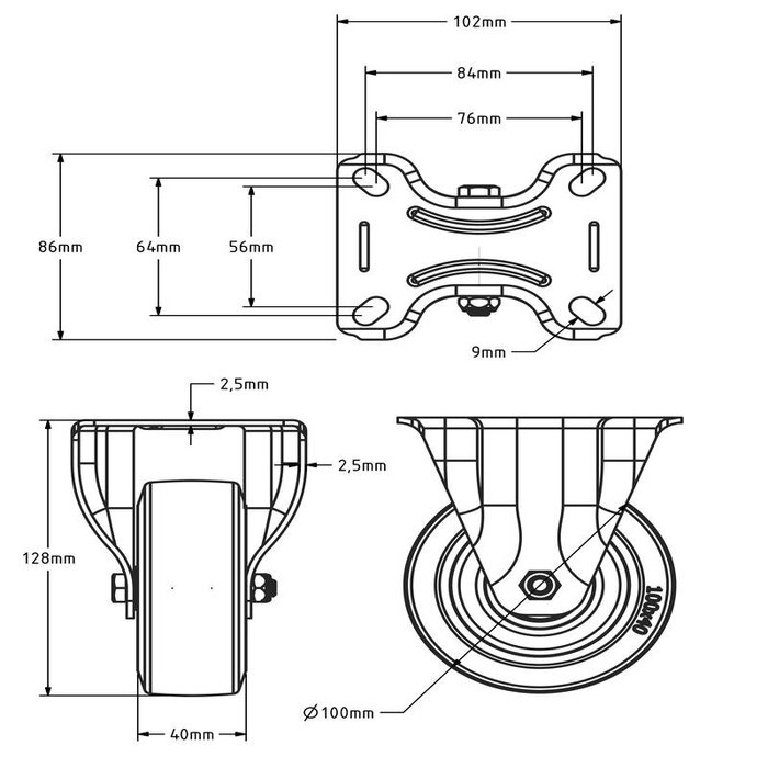 Rueda fija de goma de 100 mm - cojinete de bolas - 150 kg
