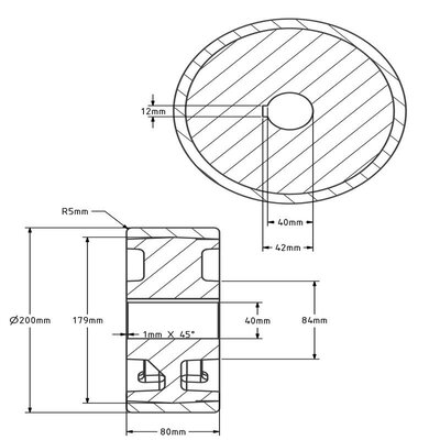 Polyurethan-drivhjul 200x80 mm - Boring 40 mm H9 nøglehul - 1600 kg