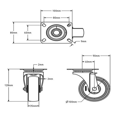 Rueda giratoria de acero inoxidable resistente al calor de 100 mm - 150 kg