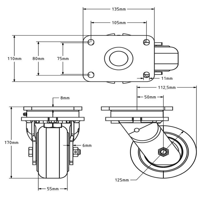 Drejeligt hjul af støbt nylon 125 mm - 2000 kg