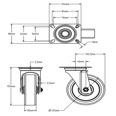 Roue pivotante en caoutchouc 125 mm - roulement à billes - 135 kg