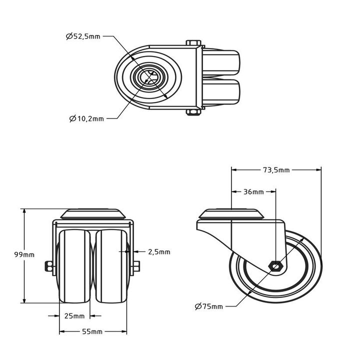 Ruota doppia nera girevole 75 mm - foro per bullone - 100 kg