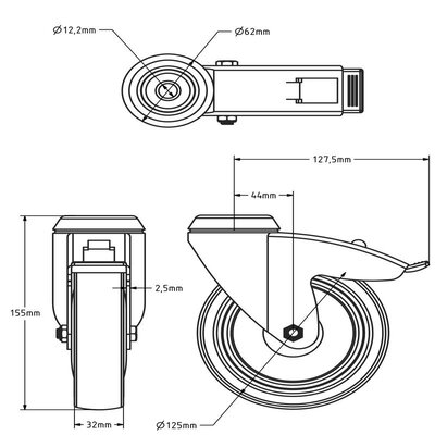 Utrustning svängbart länkhjul med broms 125 mm - kullager - 125 kg